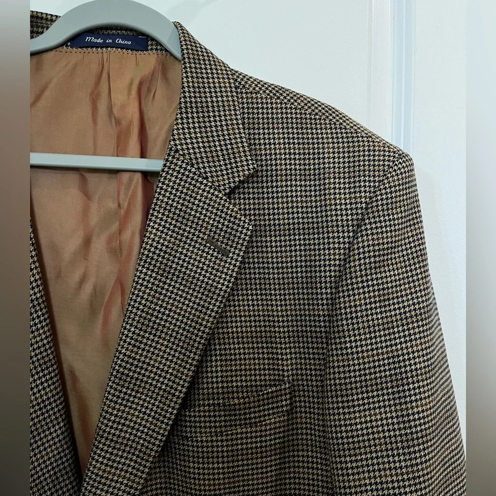 Alan Flusser Worsted Wool Houndstooth Blazer Jacket Sz 46R Tan/ Brown Academia